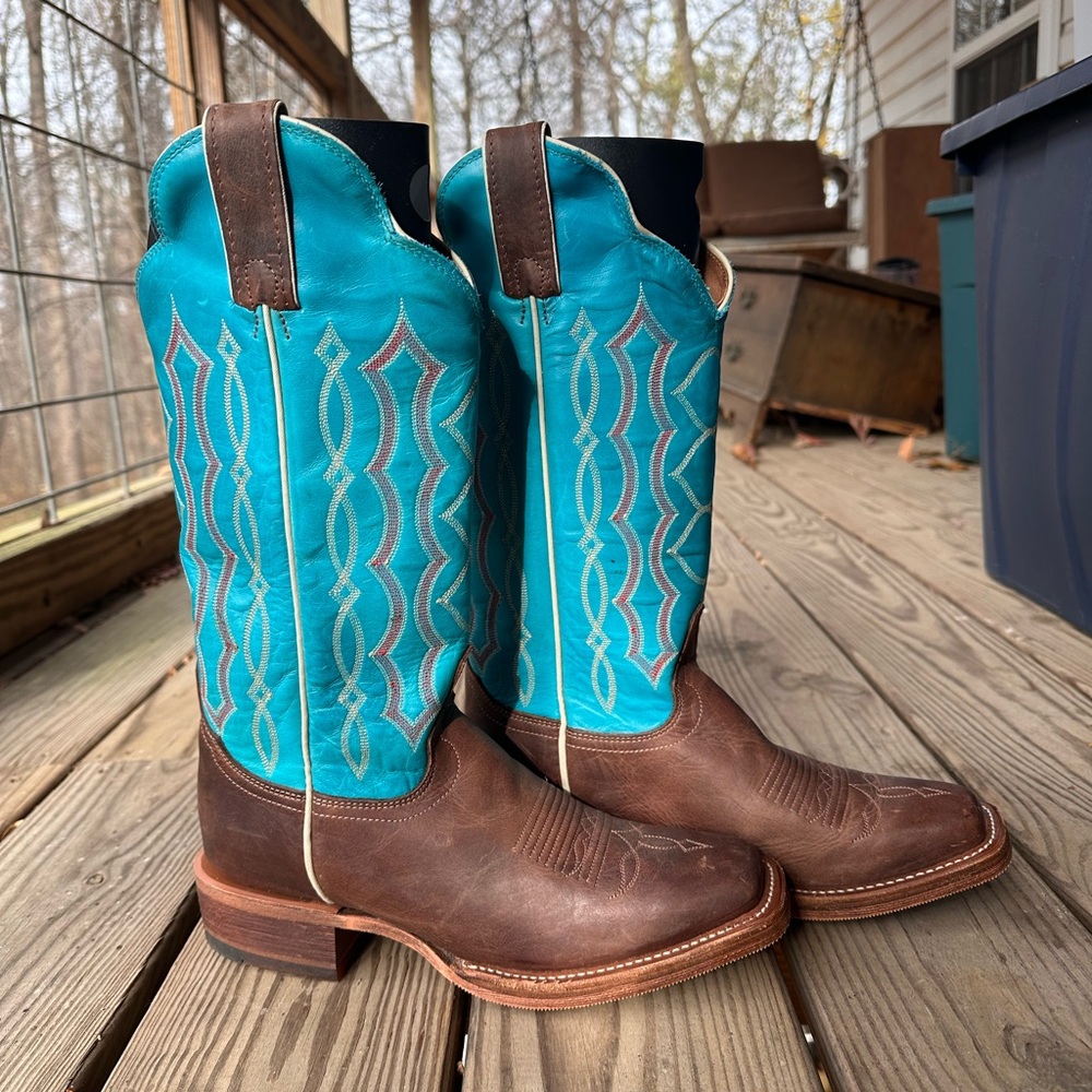 NWT Justin Women’s BRL378 Cowboy Western Boots – Brown & Turquoise Square Toe 7b